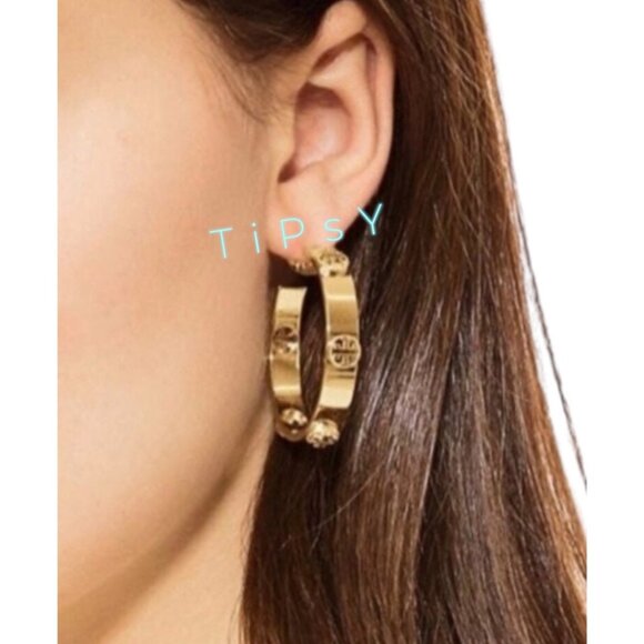 Tory Burch Gold Plated Hoop Earrings With Logo Studs - Picture 2 of 3